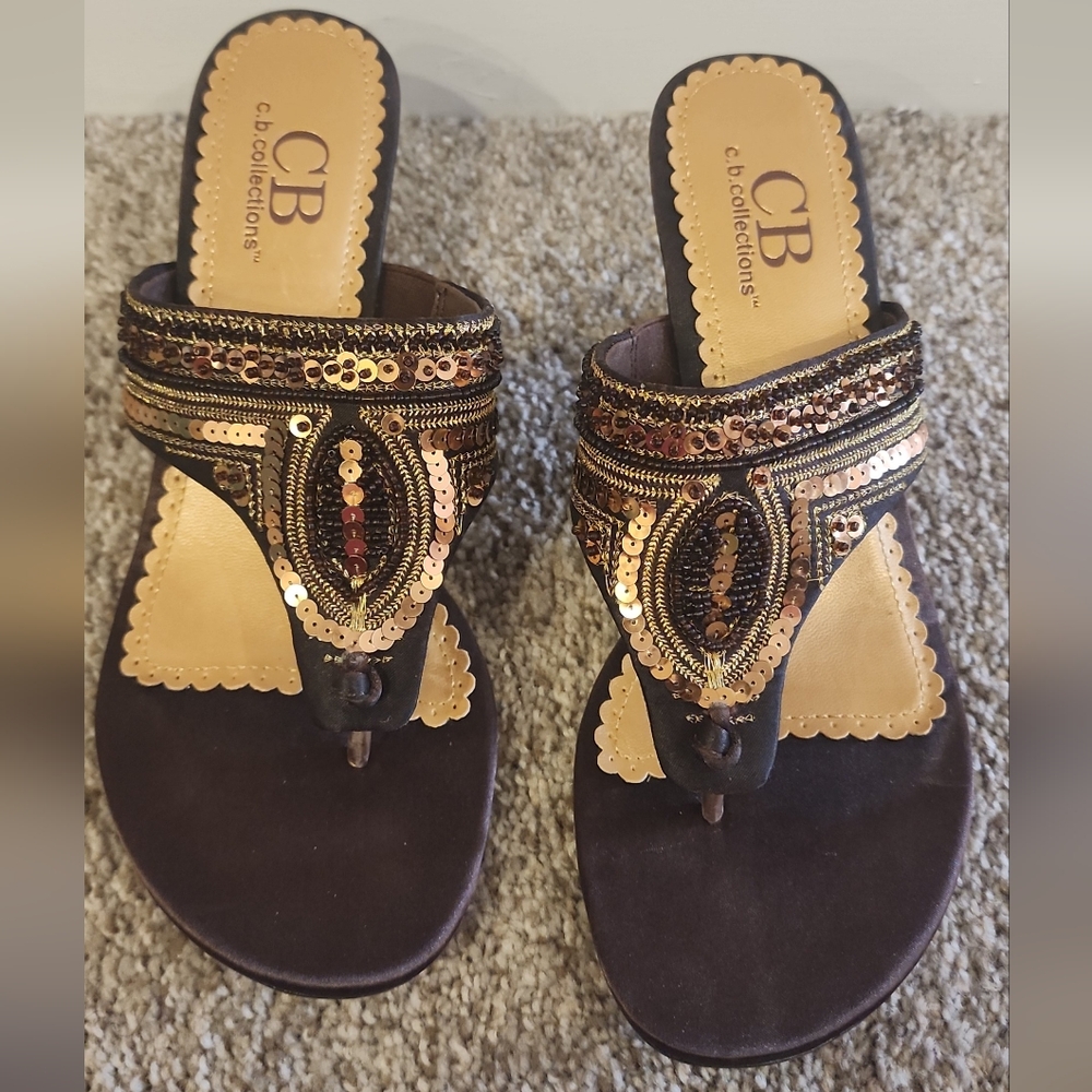 Brown and Gold Sandals with Intricate Embellishments